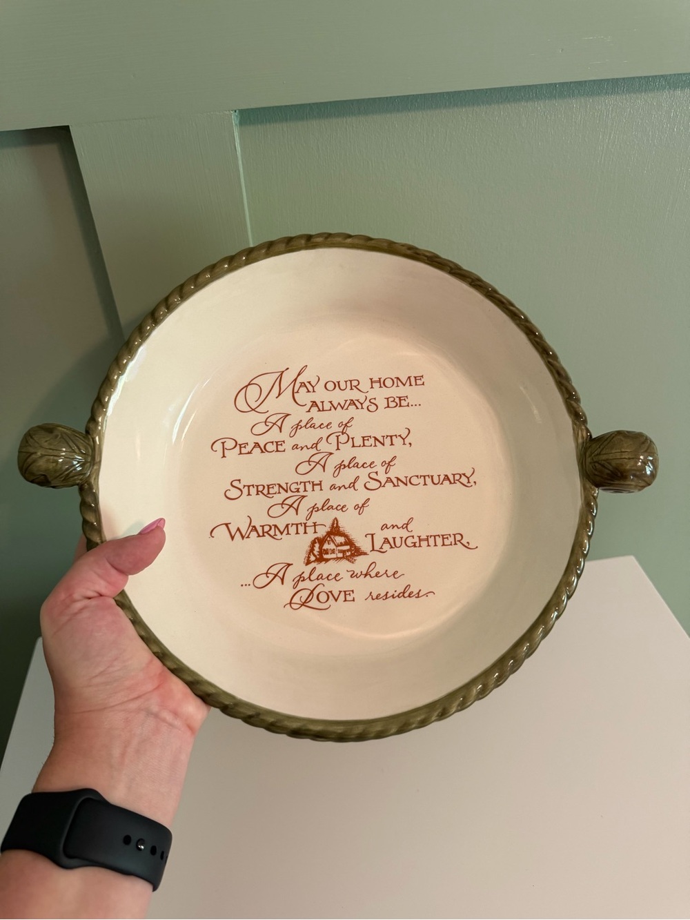 Ceramic "May Our Home Always Be" Blessing Bowl Pie Dish Handled Embossed